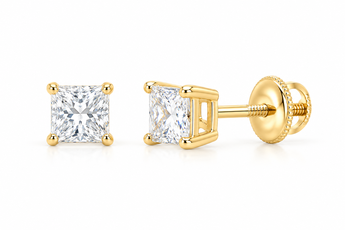 10K yellow gold princess cut solitaire diamond stud earrings, SKU 15323