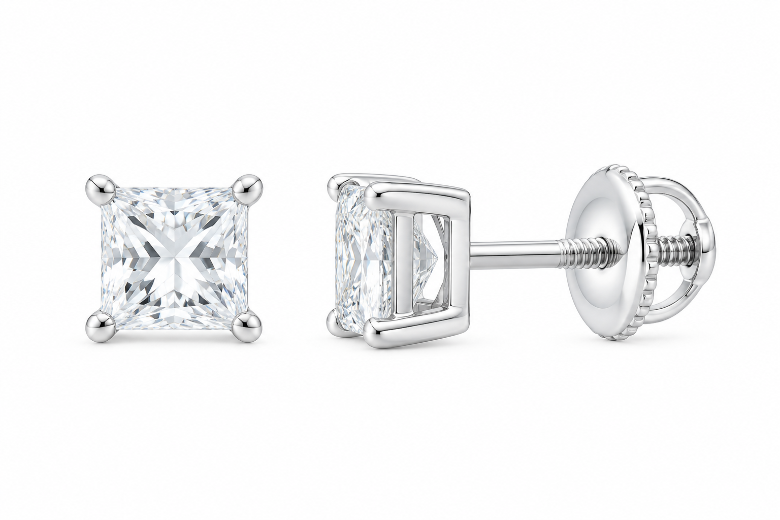 10K white gold princess cut solitaire diamond stud earrings, SKU 15324