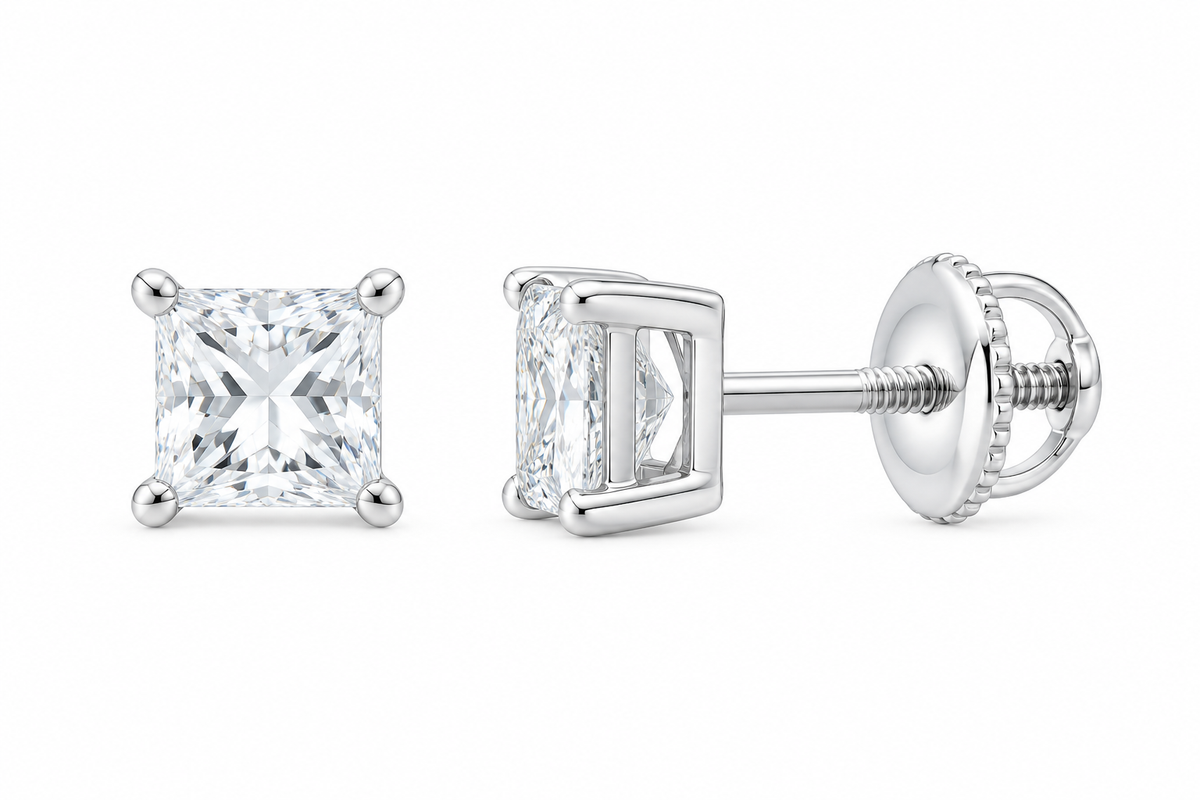 10K white gold princess cut solitaire diamond stud earrings, SKU 15324