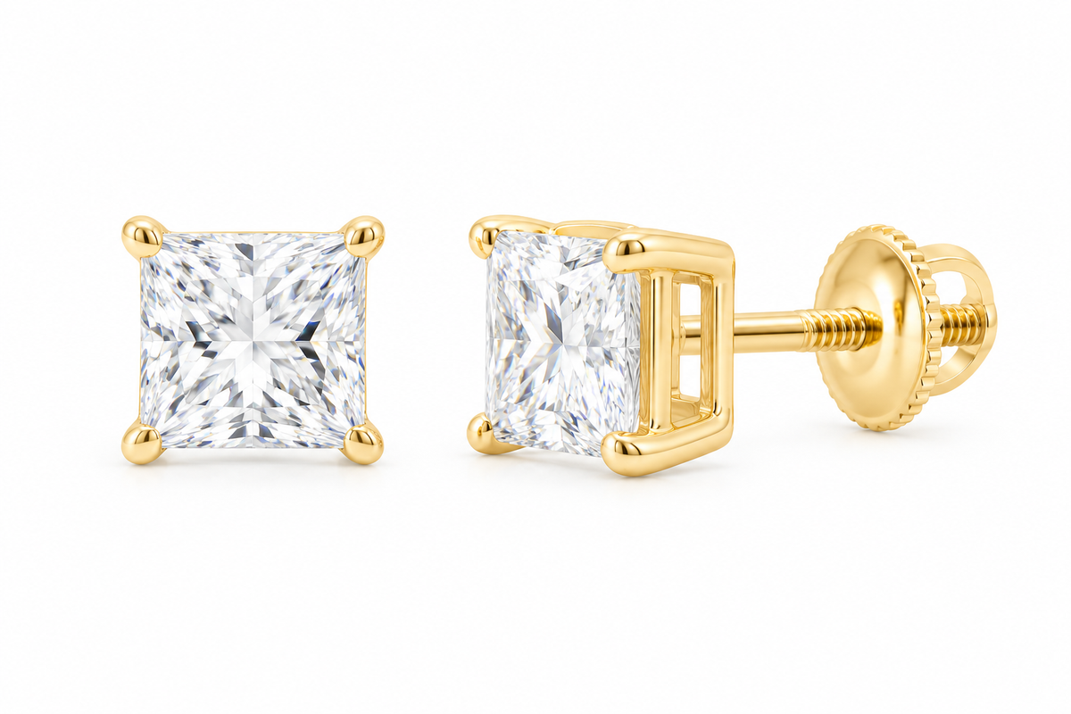 10K yellow gold princess cut solitaire diamond stud earrings, SKU 15325