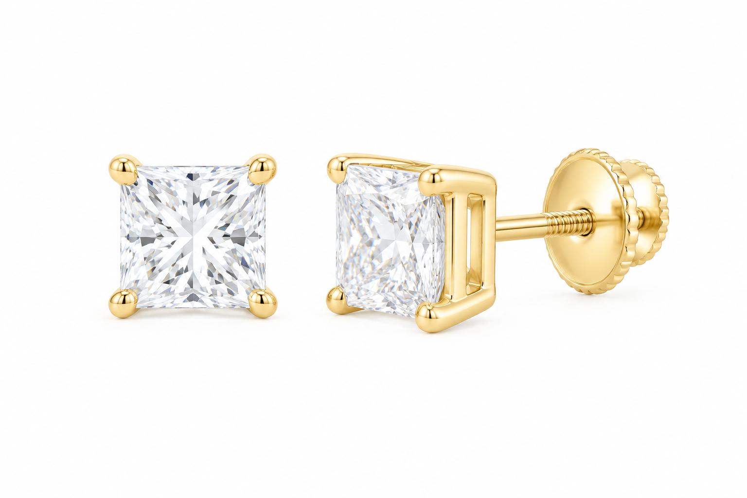 10K yellow gold princess cut solitaire diamond stud earrings, SKU 15327