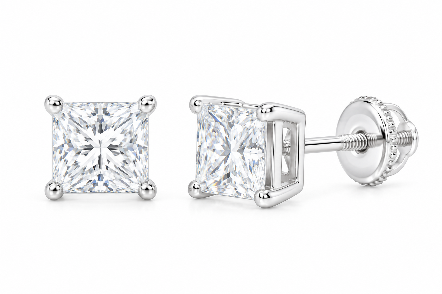 10K white gold princess cut solitaire diamond stud earrings, SKU 15328