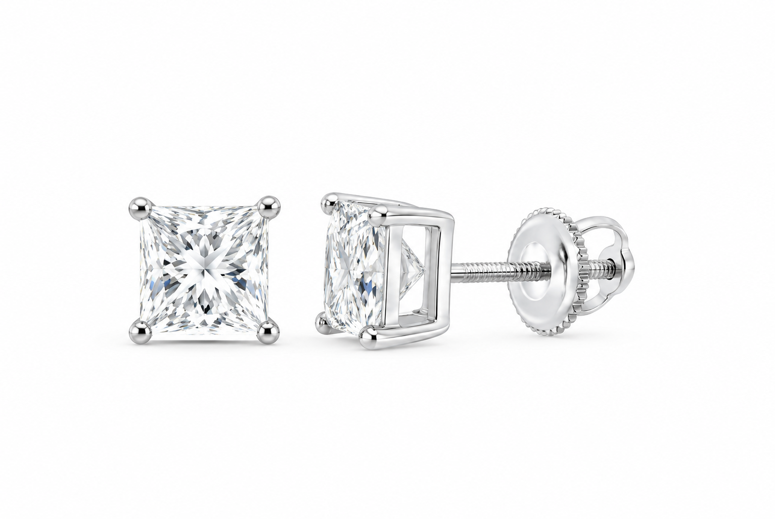 10K white gold princess cut solitaire diamond stud earrings, SKU 15330