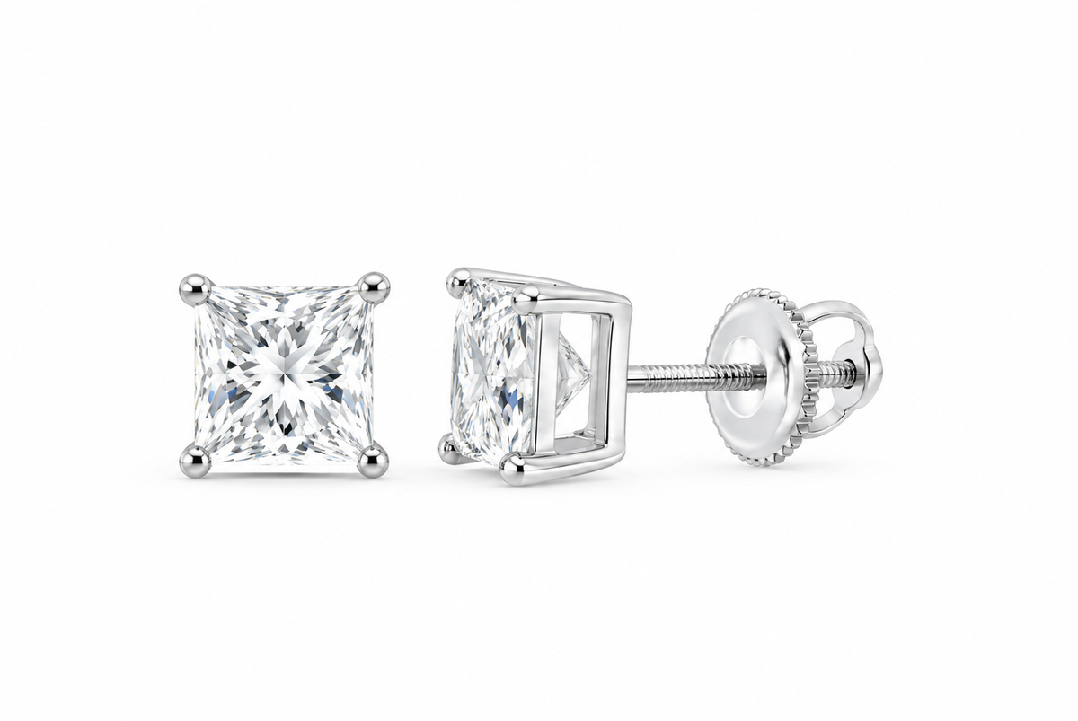 10K white gold princess cut solitaire diamond stud earrings, SKU 15330