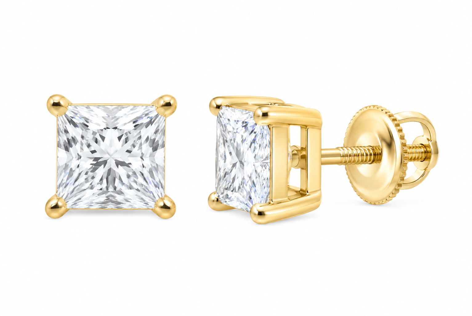 10K yellow gold princess cut solitaire diamond stud earrings, SKU 15331