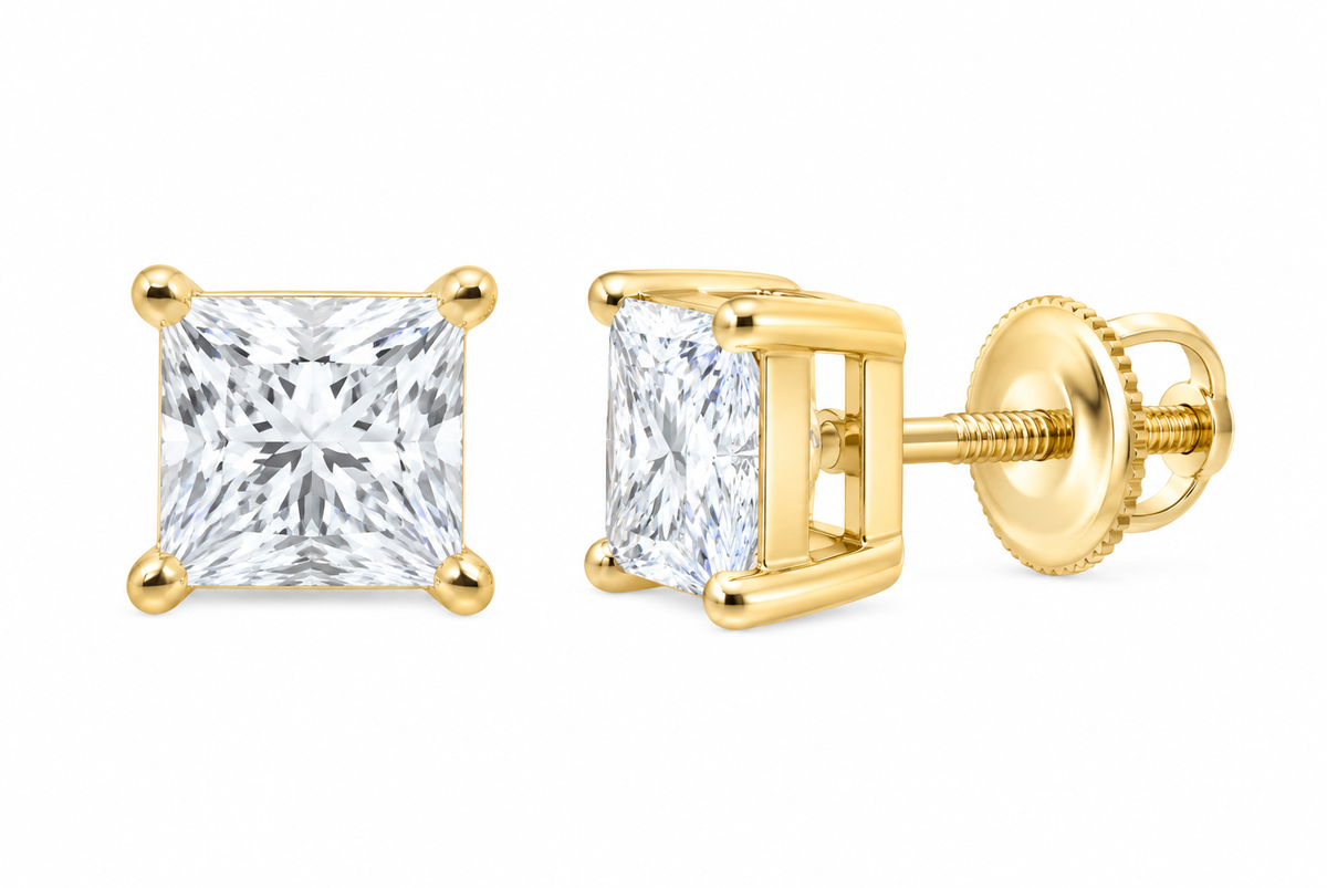 10K yellow gold princess cut solitaire diamond stud earrings, SKU 15331