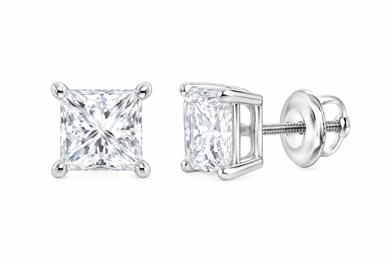 10K white gold princess cut solitaire diamond stud earrings, SKU 15332