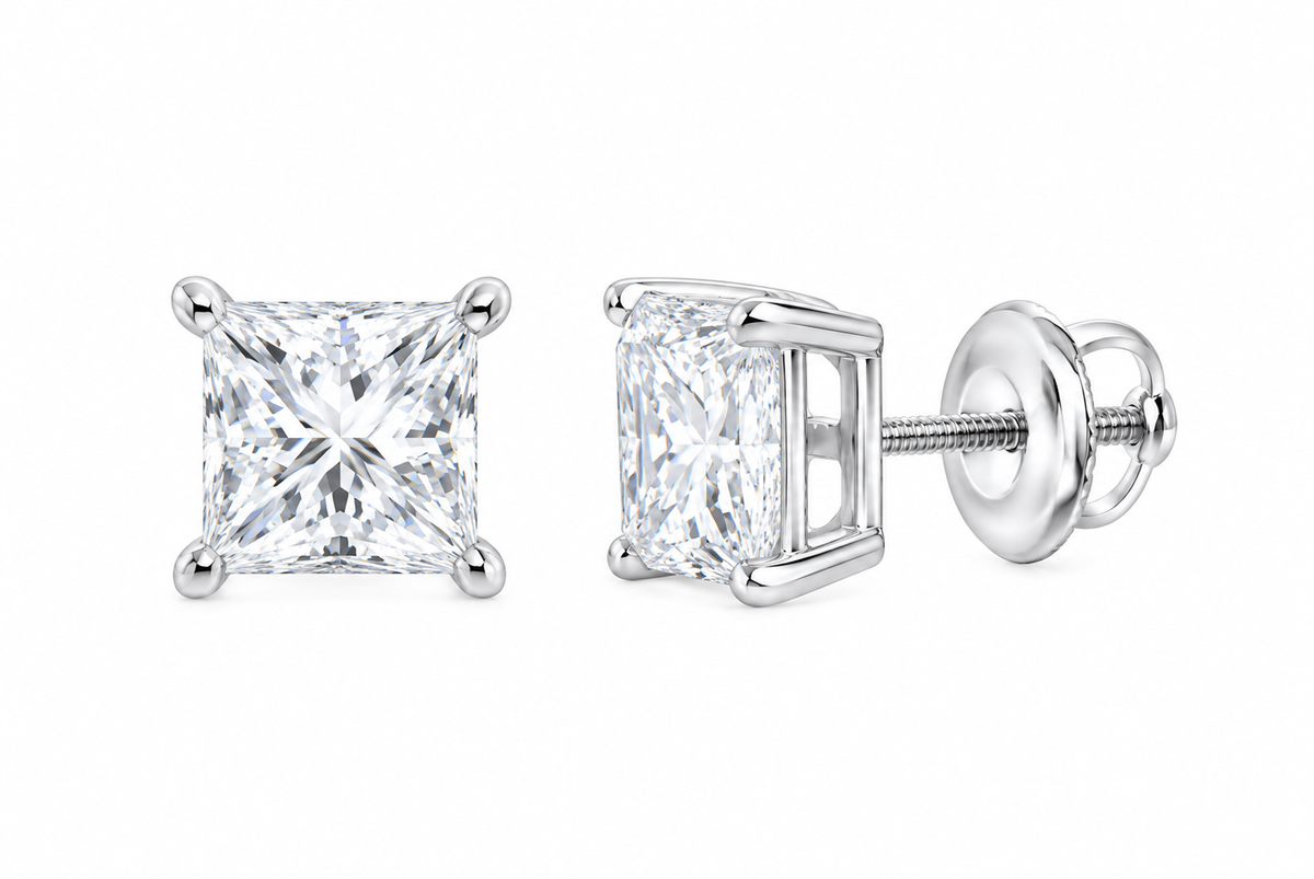 10K white gold princess cut solitaire diamond stud earrings, SKU 15332