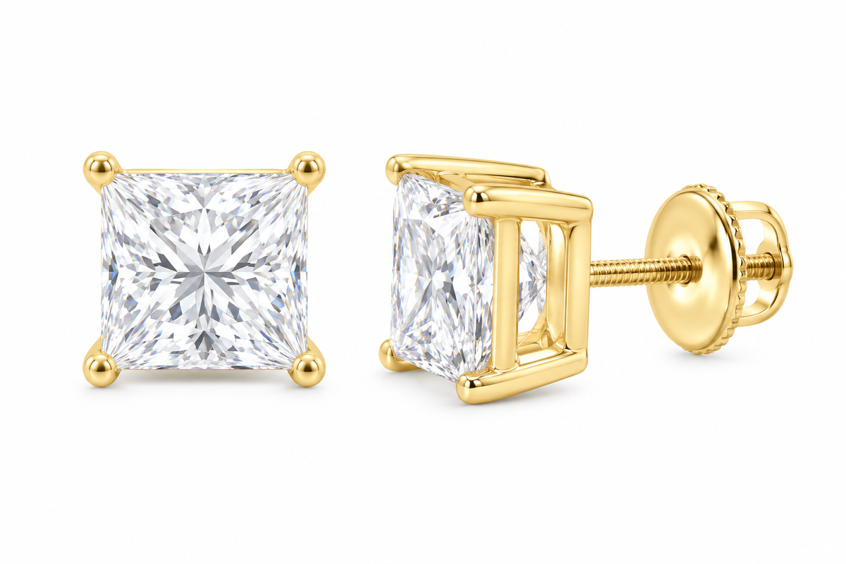 10K yellow gold princess cut solitaire diamond stud earrings, SKU 15333