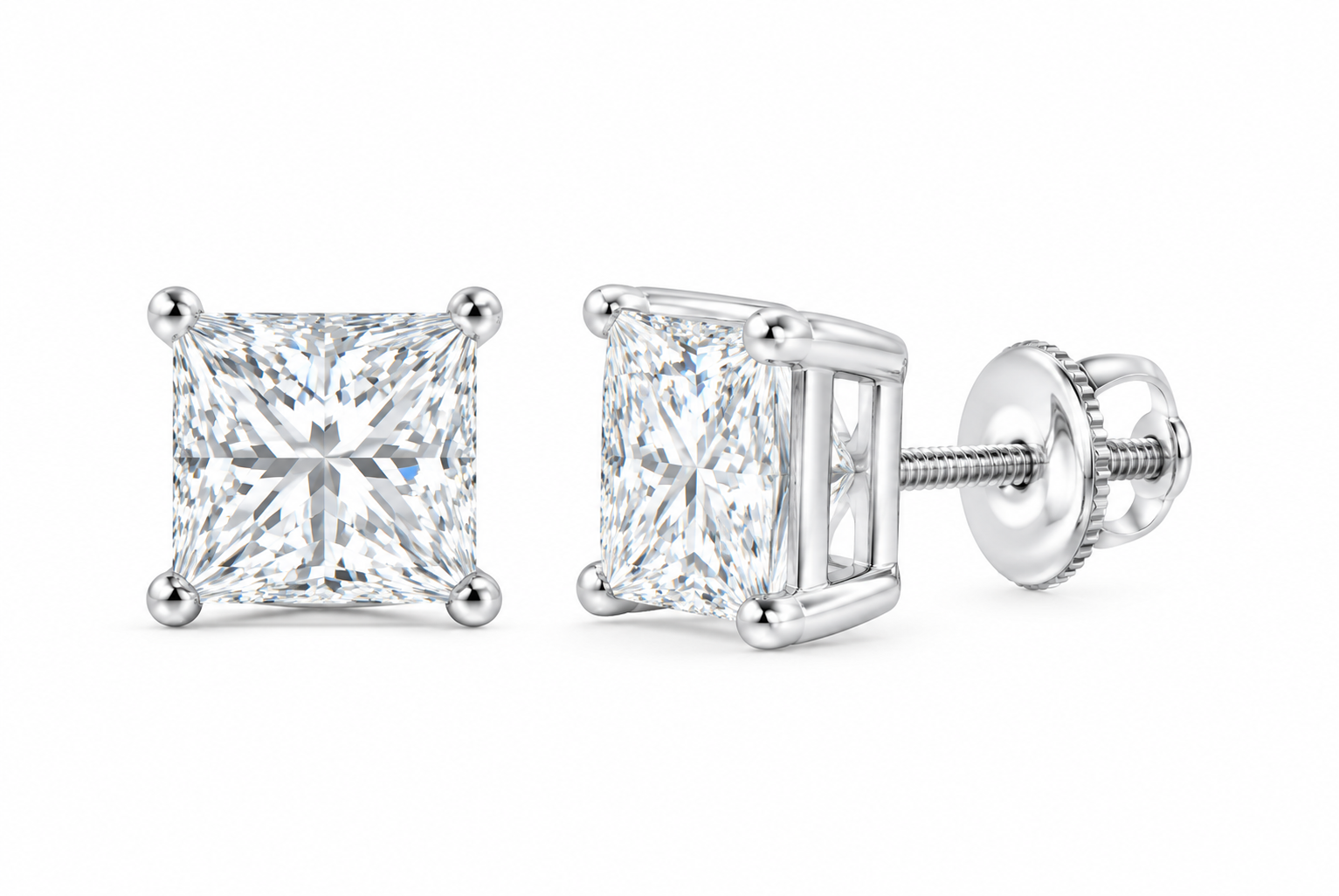 10K white gold princess cut solitaire diamond stud earrings, SKU 15334