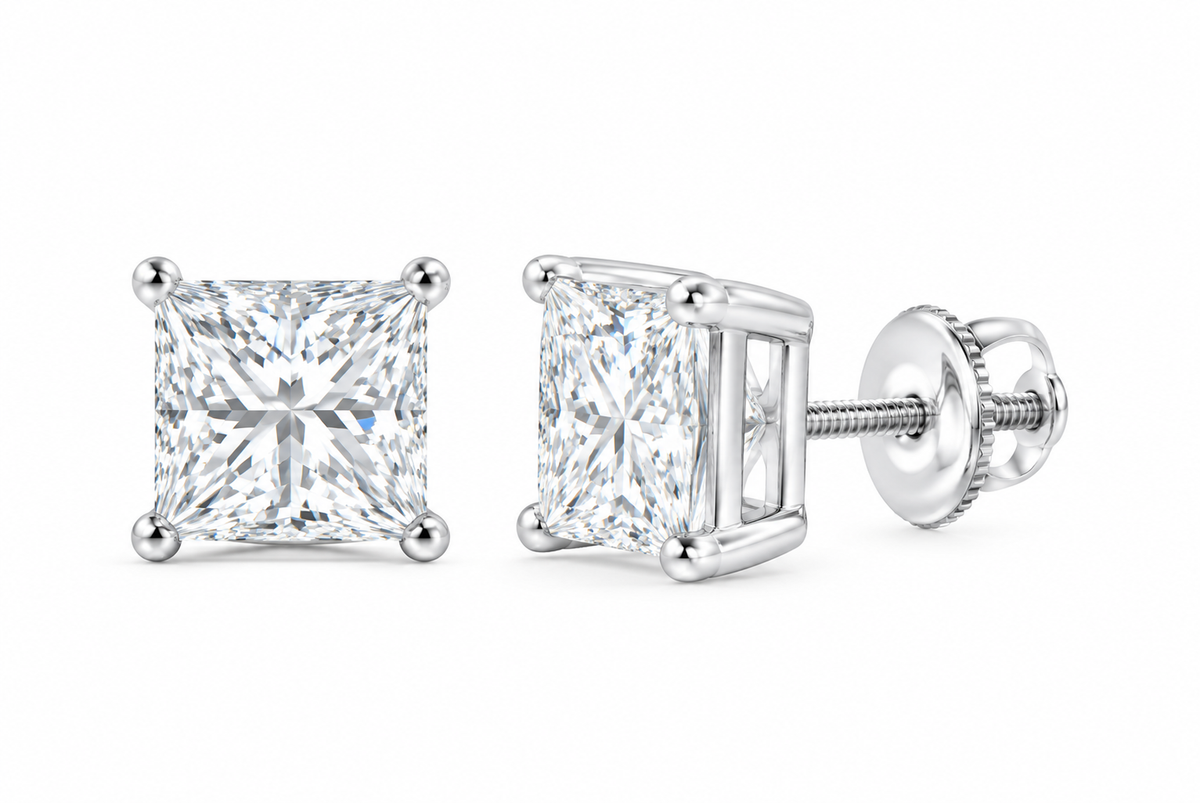 10K white gold princess cut solitaire diamond stud earrings, SKU 15334