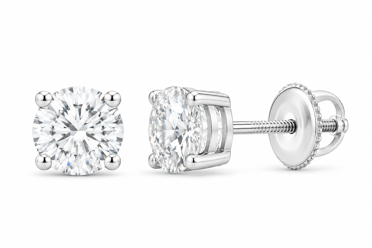 10K white gold round solitaire diamond stud earrings, SKU 15340