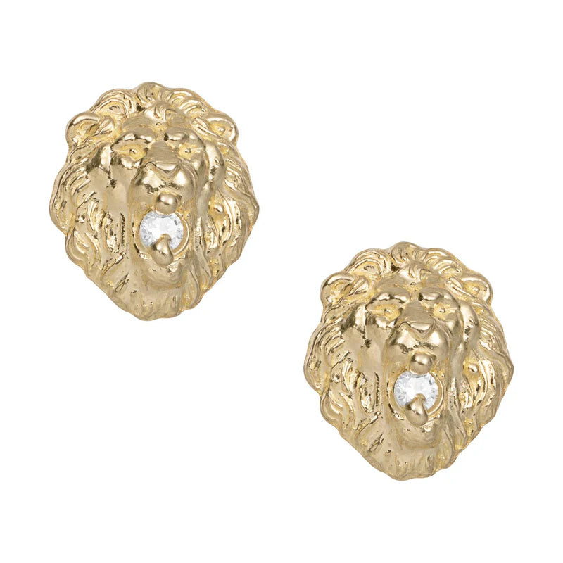 10k Gold Roaring Lion Head CZ Stud Earrings