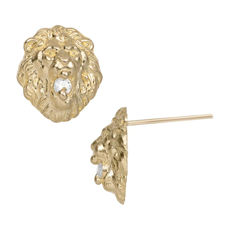 10k Gold Roaring Lion Head CZ Stud Earrings