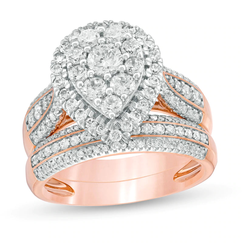 14K Gold Pear 2ct Diamond Bridal Wedding Ring Set